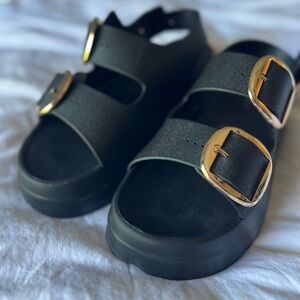Jeffrey Campbell Black Platform Sandals with Gold Buckles